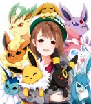  1girl absurdres brown_eyes brown_hair cardigan commentary_request eevee espeon flareon gen_1_pokemon gen_2_pokemon gen_4_pokemon gen_6_pokemon glaceon green_headwear grey_cardigan highres holding holding_pokemon jolteon leafeon long_sleeves looking_at_viewer open_mouth pokemon pokemon_(creature) pokemon_(game) pokemon_swsh short_hair simple_background smile solo sylveon tam_o&#039;_shanter tsunamayo_(flying_cat) umbreon vaporeon white_background yuuri_(pokemon) 