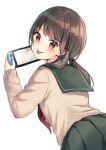  1girl :p bangs black_hair blush brown_eyes brown_sweater closed_mouth commentary_request eyebrows_visible_through_hair green_sailor_collar green_skirt holding long_hair long_sleeves looking_at_viewer looking_back low_twintails lying midorikawa_you neckerchief nintendo_switch on_stomach original pleated_skirt red_neckwear sailor_collar school_uniform serafuku simple_background skirt sleeves_past_wrists smile solo sweater tongue tongue_out twintails v-shaped_eyebrows white_background 