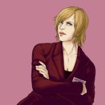 1girl alyssa_ashcroft blonde_hair blue_eyes breasts cleavage crossed_arms detectivepardo formal lowres pink_background resident_evil resident_evil_outbreak solo suit 