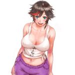 1girl :d blush breasts brown_hair clothes_writing covered_nipples cowboy_shot green_eyes large_breasts looking_at_viewer midriff minori_yumeko minori_yumeko_(character) multicolored_hair navel nipples open_mouth pants purple_pants red_hair shirt short_hair shu-mai simple_background smile solo standing streaked_hair tied_shirt white_background white_shirt 