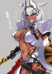  1girl abs animal_ears armored_boots bikini black_bikini_bottom body_markings boots breasts bulge caenis_(fate) cleavage commentary_request cowboy_shot dark_skin dog_ears dog_tags erection erection_under_clothes fate/grand_order fate_(series) grey_background grin hair_intakes headpiece highleg highleg_bikini implied_futanari large_breasts mikoyan muscle muscular_female platinum_blonde_hair polearm shield shoulder_plates single_thighhigh smile swimsuit tattoo thighhighs weapon white_bikini_top 