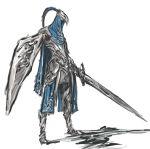  1boy armor artorias_the_abysswalker dark_souls full_armor highres holding holding_shield holding_sword holding_weapon male_focus nameo_(judgemasterkou) no_humans shield simple_background solo souls_(from_software) sword weapon white_background 