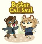  animal_crossing anthro better_call_saul black_clothing black_nose blue_clothing blue_eyes breaking_bad brown_body brown_fur brown_hair brown_nose clothed clothing crossover duo fangs female fluffy fluffy_tail fur hair hi_res humanoid iirene kim_wexler male mammal mustela mustelid musteline necktie nintendo open_mouth open_smile saul_goodman simple_background smile standing video_games 