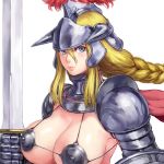  1girl armor bikini_armor blonde_hair blue_eyes blush braid breasts cape closed_mouth copyright_request gauntlets hair_between_eyes holding holding_shield holding_sword holding_weapon large_breasts long_hair looking_at_viewer multicolored multicolored_eyes plume purple_eyes red_cape shield shoulder_armor shu-mai simple_background solo spaulders sword upper_body weapon white_background 