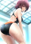  1girl ass black_swimsuit blurry commentary_request competition_swimsuit cowboy_shot depth_of_field from_behind highres indoors leaning_forward looking_at_viewer one-piece_swimsuit onigirikun original parted_lips purple_eyes purple_hair short_hair solo standing swimsuit wet wet_clothes 