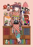  1girl arm_at_side bangs beige_background blunt_bangs book bookshelf bow brown_hair candy chest_of_drawers closed_eyes commentary_request daruma_doll facing_viewer food full_body gloves hair_bobbles hair_bow hair_ornament hand_up holding holding_phone indoors inu-hariko japanese_clothes jar kimono kokeshi lamp long_hair long_sleeves matryoshka_doll obi obiage obijime open_mouth original phone plant potted_plant radio red_bow rotary_phone sandals sash sidelocks sitting smile solo striped striped_kimono tabi television twintails usamochi. vertical-striped_kimono vertical_stripes very_long_hair white_gloves wide_sleeves 
