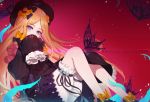  1girl abigail_williams_(fate/grand_order) absurdres bangs black_bow blonde_hair blue_eyes blush bow bug butterfly character_name commentary_request fate/grand_order fate_(series) hair_bow highres insect long_hair looking_at_viewer nani_(goodrich) object_hug orange_bow parted_bangs pink_background sleeves_past_fingers sleeves_past_wrists solo stuffed_animal stuffed_toy teddy_bear 
