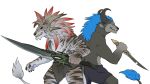  2019 alpha_channel anthro blue_eyes blue_hair digital_media_(artwork) duo fur hair hi_res holding_object holding_sword holding_weapon horn melee_weapon red_eyes simple_background smile soulsplosion standing sword teeth transparent_background weapon 