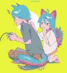  /\/\/\ 1boy 1girl animal_ears antenna_hair aqua_hair bangs barefoot blush_stickers brother_and_sister brown_pants cat_boy cat_ears cat_girl cat_tail circle clenched_teeth closed_mouth constricted_pupils controller covering_mouth dot_nose flying_sweatdrops from_side full_body furrowed_eyebrows game_controller gamepad green_background grey_shirt hair_between_eyes half-closed_eyes hand_up hands_up holding_controller holding_game_controller indian_style kneeling long_hair looking_at_another looking_away motion_lines niwabuki no_shoes noshime_ruka orange_eyes original pants profile satonaka_kei shiny shiny_hair shirt short_sleeves siblings signature sitting smirk smug startled sweat tail teeth trembling white_shirt 