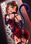  1girl :d animal_ears ass back black_gloves blush breasts brown_hair cat_ears cat_tail commentary_request dress ear_piercing earrings elbow_gloves eyebrows_visible_through_hair fang finger_to_mouth fingerless_gloves gloves green_eyes highres idolmaster idolmaster_cinderella_girls idolmaster_cinderella_girls_starlight_stage jewelry large_breasts lips looking_at_viewer looking_back maekawa_miku open_mouth piercing red_dress red_nails short_hair smile solo standing swepot tail tattoo thigh_tattoo thighhighs 