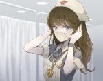  1girl apron bangs blue_eyes brown_hair curtains hat indoors long_hair looking_at_viewer mask nurse nurse_cap original short_sleeves solo stethoscope ume_(illegal_bible) upper_body 