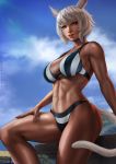  1girl abs absurdres animal_ears artist_name bangs bare_shoulders bikini blue_sky blurry blurry_background blush breasts cat_ears cat_tail cleavage cloud cloudy_sky collarbone dandon_fuga dark_skin day facial_mark final_fantasy final_fantasy_xiv fingernails green_eyes highres lips looking_at_viewer outdoors paid_reward parted_lips patreon_reward shiny shiny_skin short_hair silver_eyes sitting sky solo string_bikini striped swimsuit tail thighs white_hair y&#039;shtola_rhul 