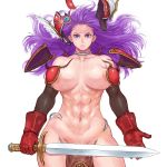  1girl abs areola_slip areolae breasts breasts_apart closed_mouth collar contrapposto cowboy_shot dragon_quest dragon_quest_iii elbow_gloves exploding_clothes floating_hair forehead glint gloves helmet holding holding_sword holding_weapon large_breasts long_hair looking_at_viewer muscle muscular_female navel nude pelvic_curtain purple_eyes purple_hair red_gloves shoulder_armor shu-mai simple_background soldier_(dq3) solo spaulders sword torn_clothes weapon white_background winged_helmet 