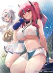  2girls :d anchor_necklace azur_lane bangs bare_shoulders black_hairband blue_sky bottle breasts bremerton_(azur_lane) bremerton_(scorching-hot_training)_(azur_lane) chain-link_fence cheerleader cleavage covered_nipples crop_top crop_top_overhang fence hair_between_eyes hair_ornament hairband headgear heart heart_necklace holding holding_bottle holding_pom_poms jewelry large_breasts midriff miniskirt mole mole_under_eye mujinbi multicolored_hair multiple_girls navel necklace open_mouth pom_poms purple_eyes red_eyes red_hair reno_(azur_lane) reno_(biggest_little_cheerleader)_(azur_lane) see-through see-through_skirt sheer_clothes shirt silver_hair sitting skirt sky sleeveless sleeveless_shirt smile sportswear standing stomach streaked_hair sweat tennis_uniform thighs two-tone_shirt two-tone_skirt two_side_up underboob water_bottle white_skirt wristband x_hair_ornament 
