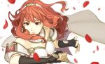  bare_shoulders cape celica_(fire_emblem) earrings fingerless_gloves fire_emblem fire_emblem_echoes:_shadows_of_valentia gloves hairband highres jewelry looking_to_the_side nenekantoku orange_hair red_eyes sword wavy_hair weapon white_armor 