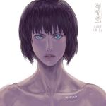  1girl artist_logo black_hair blue_eyes closed_mouth collarbone ghost_in_the_shell kusanagi_motoko looking_at_viewer nude portrait short_hair shu-mai simple_background solo white_background 