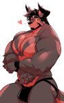  &lt;3 black_body black_fur bulge canid canine canis clothing demonic devin_(kokuhane) domestic_dog flexing fur hi_res horn jockstrap kokuhane looking_offscreen male mammal muscular muscular_male one_eye_closed red_body red_fur simple_background solo underwear wink 