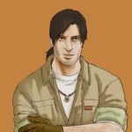  1boy beard crossed_arms david_king detectivepardo facial_hair gloves green_eyes jewelry long_hair low_ponytail lowres necklace necktie orange_background resident_evil resident_evil_outbreak solo 