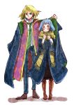  1boy 1girl absurdres blonde_hair blue_coat blue_eyes blue_hair blue_pants blush_stickers bob_cut boots brown_eyes brown_footwear closed_mouth coat cosplay earrings frown full_body green_neckwear harry_potter highres hogwarts_school_uniform howl_(howl_no_ugoku_shiro) howl_no_ugoku_shiro hufflepuff huge_filesize jewelry long_sleeves looking_at_viewer maru_(hardrock5150) open_clothes open_coat outstretched_arm pants robe scarf school_uniform shared_coat short_hair simple_background slytherin smile sophie_(howl_no_ugoku_shiro) standing striped striped_scarf white_background yellow_scarf 