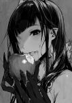  1girl ane_naru_mono apple bright_pupils chiyo_(ane_naru_mono) close-up fingernails food food_on_face fruit greyscale hands_up highres holding holding_food holding_fruit horizontal_pupils horns looking_at_viewer monochrome parted_lips pochi_(pochi-goya) pointy_ears sharp_fingernails solo upper_body 