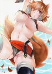  1girl absurdres animal_ears bare_shoulders blazblue breasts brown_hair from_below highres large_breasts looking_at_viewer makoto_nanaya miniskirt navel one_eye_closed open_mouth short_hair skindentation skirt smile squirrel_ears squirrel_girl squirrel_tail tail thighhighs traditional_media underboob weapon 