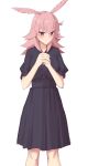  1girl black_shirt black_skirt blush elfenlied22 eyebrows_visible_through_hair fate/grand_order fate_(series) hair_between_eyes hands_clasped head_wings highres hildr_(fate/grand_order) light_frown long_skirt medium_hair own_hands_together pink_eyes pink_hair shirt short_sleeves simple_background skirt solo valkyrie_(fate/grand_order) white_background 