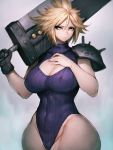  1girl blonde_hair blue_background breasts buster_sword cameltoe cleavage cloud_strife covered_nipples curvy final_fantasy final_fantasy_vii fumio_(rsqkr) genderswap genderswap_(mtf) highres large_breasts lips looking_at_viewer short_hair shoulder_pads solo spiked_hair sword weapon wide_hips 