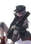  1girl absurdres assault_rifle between_legs boots closed_mouth feet_out_of_frame g11_(girls_frontline) girls_frontline grey_hair gun h&amp;k_g11 hair_between_eyes hand_between_legs hat high_collar highres holding holding_gun holding_weapon jacket knee_pads long_sleeves looking_to_the_side off_shoulder red_footwear rifle scope sitting solo treeware weapon yellow_eyes 