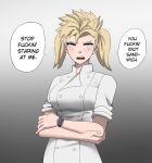  1girl blonde_hair blue_eyes blush breasts chef chef_uniform closed_mouth crossed_arms double-breasted english_text fingernails genderswap genderswap_(mtf) gordon_ramsay gradient gradient_background grey_background highres jourd4n looking_at_viewer medium_breasts open_mouth profanity real_life short_hair short_sleeves solo speech_bubble twintails upper_body watch wristwatch 