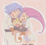  1boy 1girl blue_hair closed_eyes crop_top earrings fangs gen_1_pokemon heart jewelry kojirou_(pokemon) long_hair meowth midriff miniskirt musashi_(pokemon) navel open_mouth oto pokemon pokemon_(anime) pokemon_(classic_anime) pokemon_(creature) red_hair skirt smile team_rocket thighhighs white_skirt 