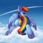  1:1 2020 absurd_res blue_body blue_feathers butt clothing cloud equid equine eyebrows eyelashes feathered_wings feathers female feral friendship_is_magic hi_res hitbass looking_at_viewer mammal my_little_pony on_cloud outside pterippus rainbow_dash_(mlp) rear_view skitsniga solo underhoof wings 