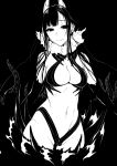  1girl ane_naru_mono black_background bra breasts bright_pupils chiyo_(ane_naru_mono) closed_mouth cowboy_shot demon_girl elbow_gloves fur_collar gloves greyscale highleg highleg_panties highres horizontal_pupils horns large_breasts long_hair looking_at_viewer monochrome navel panties pochi_(pochi-goya) revealing_clothes simple_background smile solo standing suction_cups tentacles toned underwear 