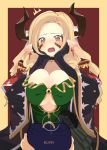  1girl black_gloves blonde_hair blush breasts brown_eyes draph dress drill_hair earrings gloves granblue_fantasy hands_on_own_face horns jewelry large_breasts maria_theresa_(granblue_fantasy) naoya_come pointy_ears ring ring_box wedding_ring wide_sleeves 