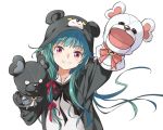  1girl agahari animal_costume animal_ears animal_hood arm_up bangs bear_costume bear_ears bear_hood blush eyebrows_visible_through_hair foreshortening green_hair hair_ribbon hand_puppet hand_up hood hood_up kuma_kuma_kuma_bear long_hair long_sleeves looking_at_viewer outstretched_arm puppet reaching_out red_eyes red_ribbon ribbon simple_background smile solo teeth upper_body v-shaped_eyebrows very_long_hair white_background yuna_(kuma_kuma_kuma_bear) 