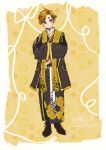  1boy absurdres alternate_costume bangs black_eyes blush_stickers boots border brown_footwear brown_hair cedric_diggory character_name closed_mouth collared_shirt contemporary full_body hands_in_opposite_sleeves harry_potter highres hufflepuff jacket japanese_clothes long_sleeves looking_at_viewer male_focus maru_(hardrock5150) sash scarf shirt smile solo standing swept_bangs yellow_background yellow_scarf 