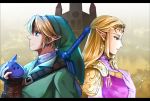  back-to-back blonde_hair blue_eyes brown_gloves circlet delsaber dress earrings elbow_gloves emple fingerless_gloves gloves gold_trim green_headwear green_tunic instrument jewelry link long_hair looking_down looking_up master_sword ocarina pink_dress pointy_ears princess_zelda the_legend_of_zelda the_legend_of_zelda:_ocarina_of_time triforce white_gloves 
