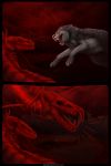  2015 2:3 4_toes black_body black_fur black_lips canid canine canis claws comic day detailed_background digital_media_(artwork) dragon english_text fur hi_res horn lips mammal open_mouth orange_eyes outside paws red_theme sky soulsplosion teeth text toes tongue wolf 