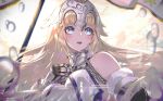  1girl armor armored_dress bangs blonde_hair blue_eyes braid breasts chain fate/apocrypha fate_(series) faulds gauntlets headpiece highres jeanne_d&#039;arc_(fate) jeanne_d&#039;arc_(fate)_(all) large_breasts long_braid long_hair looking_away nonaginta_novem open_mouth solo very_long_hair 