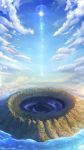  blue_sky cloud cloudy_sky day fantasy highres hole horizon landscape light_particles light_rays made_in_abyss ocean outdoors roxenne scenery sky sun sunlight twitter_username 