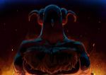  1other animal_head bird chest_hair chimera curled_horns dark fire fusion hatotaur hololive horns looking_at_viewer minamura_haruki muscle official_art sheep_horns solo 