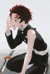  1boy belt black_hair blood broken broken_sword broken_weapon demon kamado_tanjirou katana kimetsu_no_yaiba male_focus multicolored_hair open_mouth red_hair scar shirt short_hair slit_pupils spoilers sword torn_clothes torn_shirt veins wanke weapon 