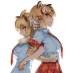  2girls animal_ears back-to-back blonde_hair bow bowtie elbow_gloves fur_collar gloves height_difference highres kemono_friends lion_(kemono_friends) lion_ears locked_arms multicolored_hair multiple_girls short_hair short_sleeves skirt tiger_(kemono_friends) tiger_ears treeware 