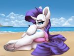  2020 4:3 absurd_res beach butt clothing detailed_background equid eyebrows eyelashes female feral friendship_is_magic hi_res hitbass horn looking_at_viewer looking_back mammal my_little_pony rarity_(mlp) seaside skitsniga smile solo underhoof unicorn 