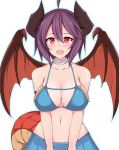  1girl :d ahoge arm_strap bare_shoulders bikini bikini_skirt blue_bikini blue_skirt blush breasts choker cleavage collarbone commentary_request dragon_girl dragon_horns dragon_tail dragon_wings granblue_fantasy grea_(shingeki_no_bahamut) hair_between_eyes highres horns large_breasts midriff navel open_mouth purple_hair red_eyes short_hair simple_background skirt smile solo swimsuit tail toyo_(c8) white_background white_choker wings 