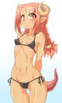  2018 blush braided_hair breasts camel_toe clothing female hair hi_res horn horned_humanoid humanoid humanoid_pointy_ears mimizu navel nipple_outline red_hair simple_background smile solo swimwear 