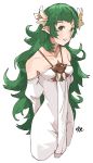  1girl arms_behind_back bare_shoulders cosplay dress fire_emblem fire_emblem:_three_houses flower green_eyes green_hair hair_flower hair_ornament highres long_hair long_sleeves parted_lips pointy_ears rhea_(fire_emblem) rhea_(fire_emblem)_(cosplay) sakuuremi simple_background solo sothis_(fire_emblem) white_background white_dress 