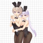  2girls absurdres animal_ears black_legwear black_leotard black_neckwear bow bowtie breasts bunny_ears bunny_girl bunny_tail bunnysuit checkered checkered_background cleavage commentary_request cowboy_shot detached_collar fishnet_legwear fishnets height_difference highres hoshikawa_hotaru hug hug_from_behind leotard light_brown_hair long_hair looking_at_viewer medium_breasts multiple_girls new_game! open_mouth pantyhose purple_eyes purple_hair sainohikari short_hair smile strapless strapless_leotard suzukaze_aoba tail twintails wrist_cuffs 