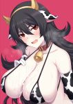  1girl after_paizuri animal_ears animal_print bangs bare_shoulders bell bell_collar bikini_top black_hair blush breasts cleavage collar collarbone cow_bell cow_ears cow_horns cow_print cum cum_on_body cum_on_breasts cum_on_upper_body fang hair_between_eyes horns horosuke_(toot08) ilya_ornstein large_breasts long_hair looking_at_viewer open_mouth pink_background princess_connect! princess_connect!_re:dive red_eyes simple_background slit_pupils solo 