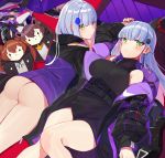  2girls arm_up ass bare_shoulders black_dress black_jacket breasts character_doll cross_hair_ornament dress expressionless facial_mark girls_frontline green_eyes hair_ornament highres hk416_(girls_frontline) jacket large_breasts long_hair long_sleeves looking_at_viewer looking_back lying magazine multiple_girls multiple_persona off_shoulder on_back on_stomach open_clothes open_jacket parted_lips puffy_sleeves ranyu revision ribbed_sweater short_dress silver_hair sleeveless sleeveless_turtleneck sweater thighs turtleneck ump45_(girls_frontline) ump9_(girls_frontline) 