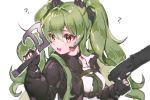  1girl ? bamyamsj bangs black_gloves black_jacket black_neckwear breasts brown_eyes calico_m950 commentary_request dual_wielding eyebrows_visible_through_hair fingerless_gloves girls_frontline gloves green_hair gun hair_between_eyes headgear headset holding holding_gun holding_weapon jacket korean_commentary long_hair long_sleeves m950a_(girls_frontline) medium_breasts mod3_(girls_frontline) open_clothes open_jacket shirt simple_background solo submachine_gun twintails upper_body weapon white_background white_shirt 